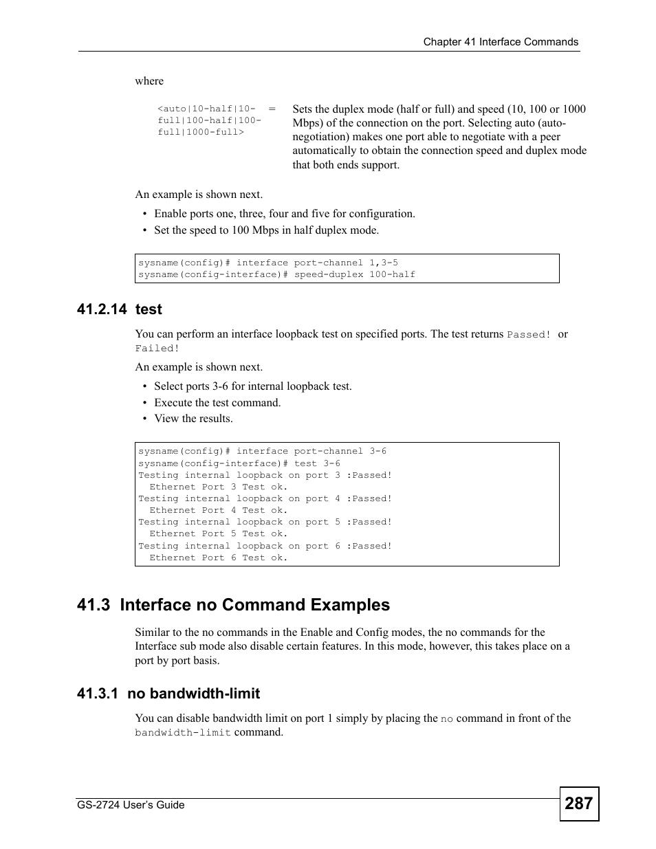 14 test, 3 interface no command examples, 1 no bandwidth-limit | ZyXEL Communications GS-2724 User Manual | Page 287 / 348