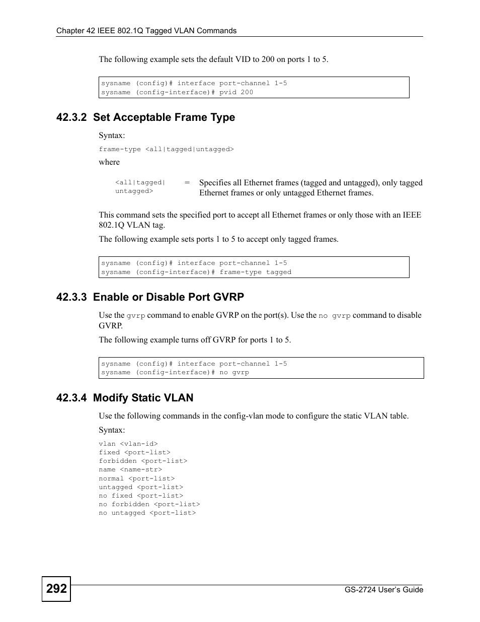 2 set acceptable frame type, 3 enable or disable port gvrp, 4 modify static vlan | ZyXEL Communications GS-2724 User Manual | Page 292 / 348