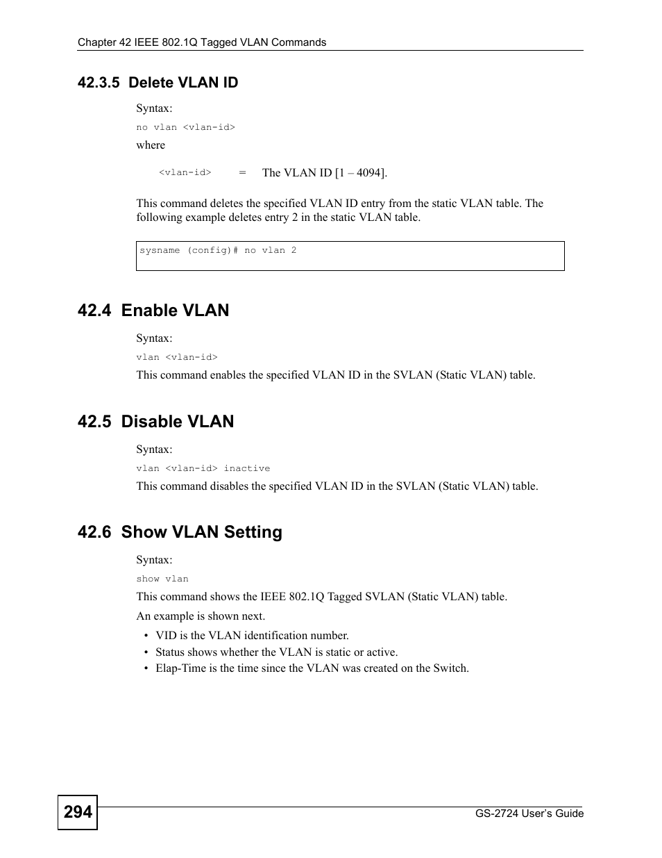 5 delete vlan id, 4 enable vlan, 5 disable vlan | 6 show vlan setting | ZyXEL Communications GS-2724 User Manual | Page 294 / 348