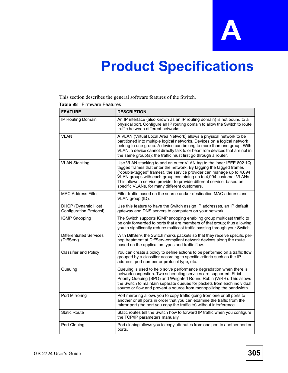 Product specifications, Appendix a product specifications, Table 98 firmware features | Product specifications (305) | ZyXEL Communications GS-2724 User Manual | Page 305 / 348