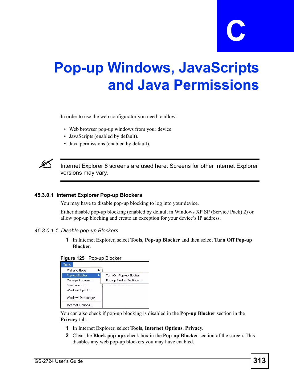 Pop-up windows, javascripts and java permissions, Figure 125 pop-up blocker | ZyXEL Communications GS-2724 User Manual | Page 313 / 348