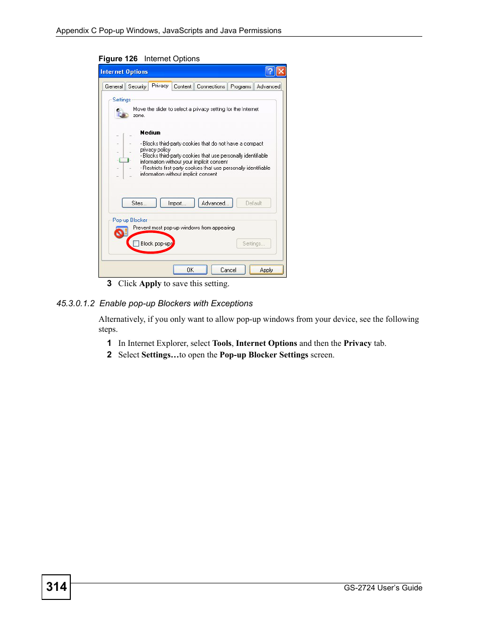 Figure 126 internet options | ZyXEL Communications GS-2724 User Manual | Page 314 / 348