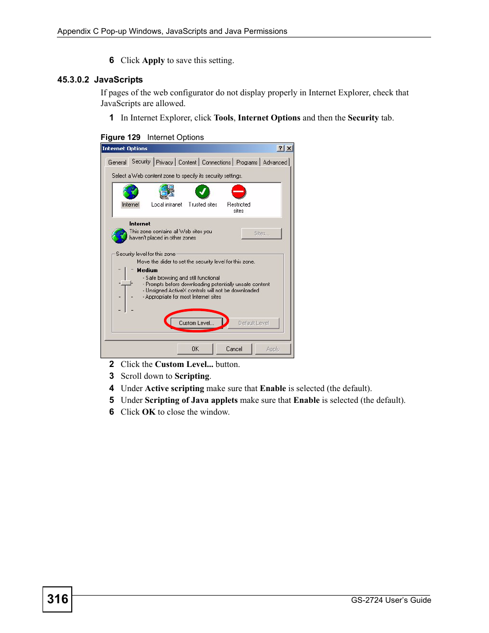 Figure 129 internet options | ZyXEL Communications GS-2724 User Manual | Page 316 / 348