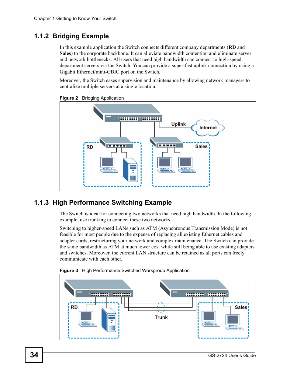 2 bridging example, 3 high performance switching example | ZyXEL Communications GS-2724 User Manual | Page 34 / 348