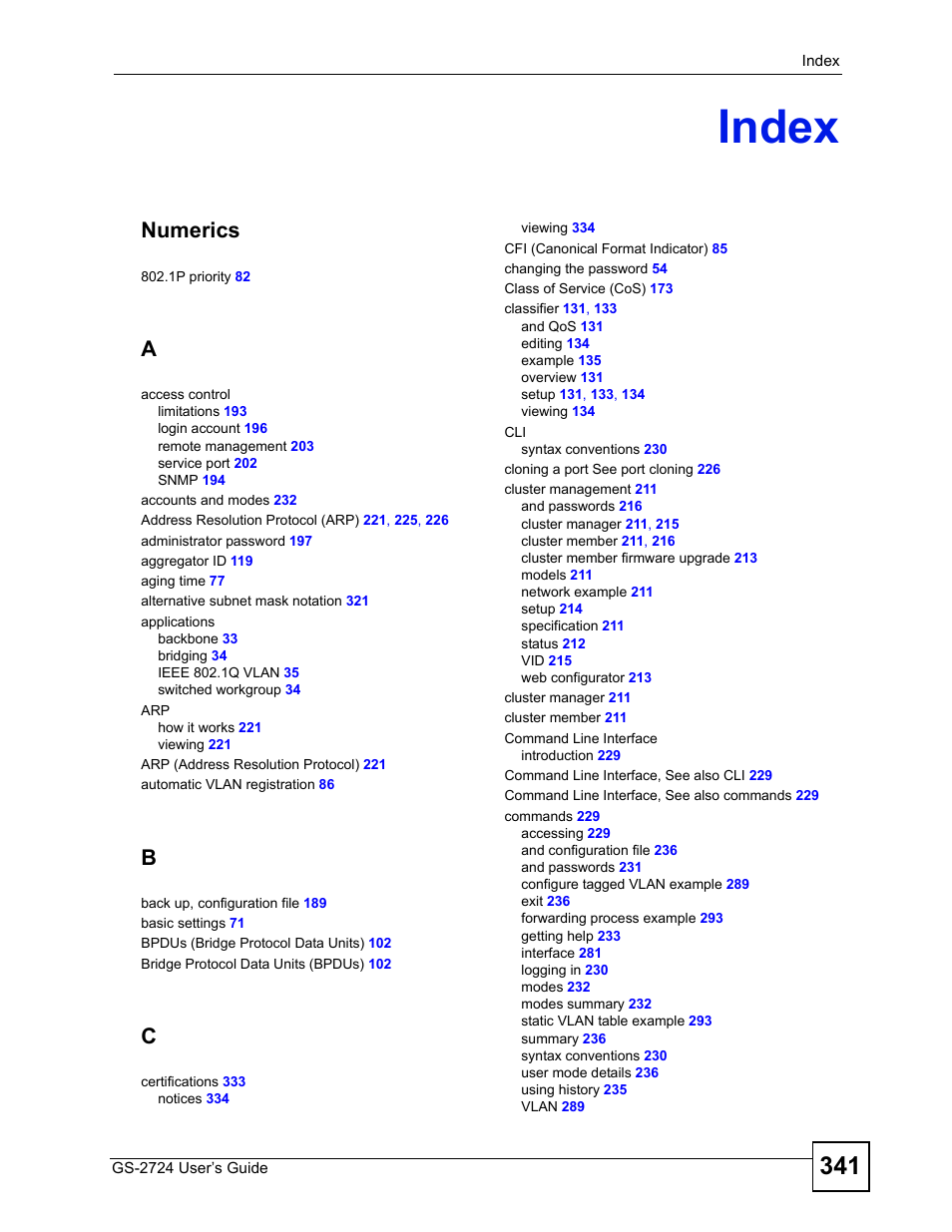 Index, Index (341), Numerics | ZyXEL Communications GS-2724 User Manual | Page 341 / 348