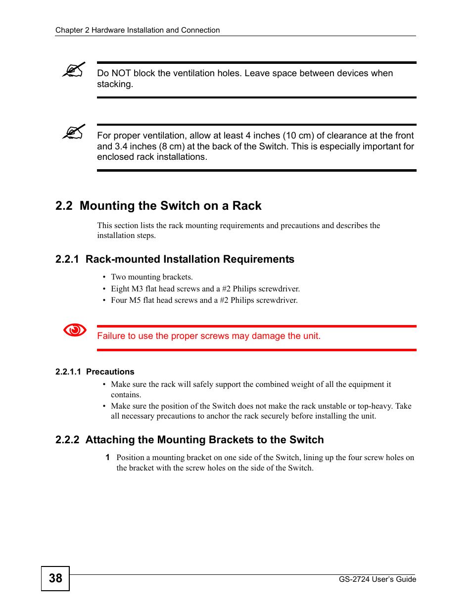 2 mounting the switch on a rack, 1 rack-mounted installation requirements, 2 attaching the mounting brackets to the switch | ZyXEL Communications GS-2724 User Manual | Page 38 / 348