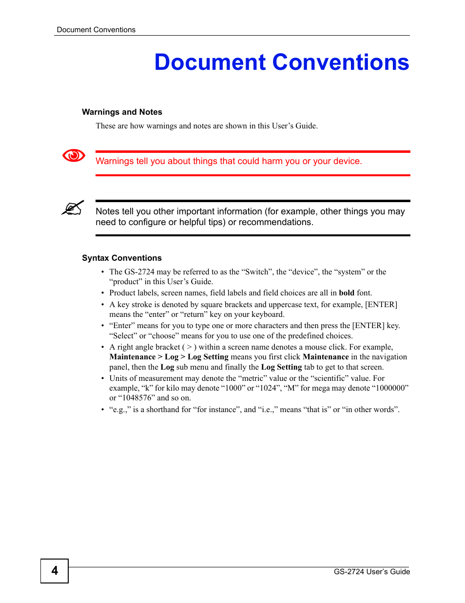 Document conventions | ZyXEL Communications GS-2724 User Manual | Page 4 / 348