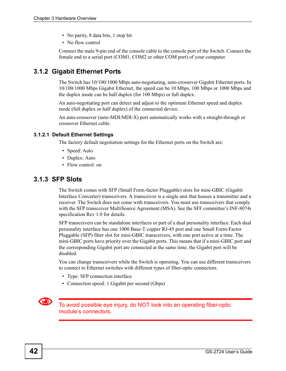 2 gigabit ethernet ports, 3 sfp slots, 2 gigabit ethernet ports 3.1.3 sfp slots | ZyXEL Communications GS-2724 User Manual | Page 42 / 348