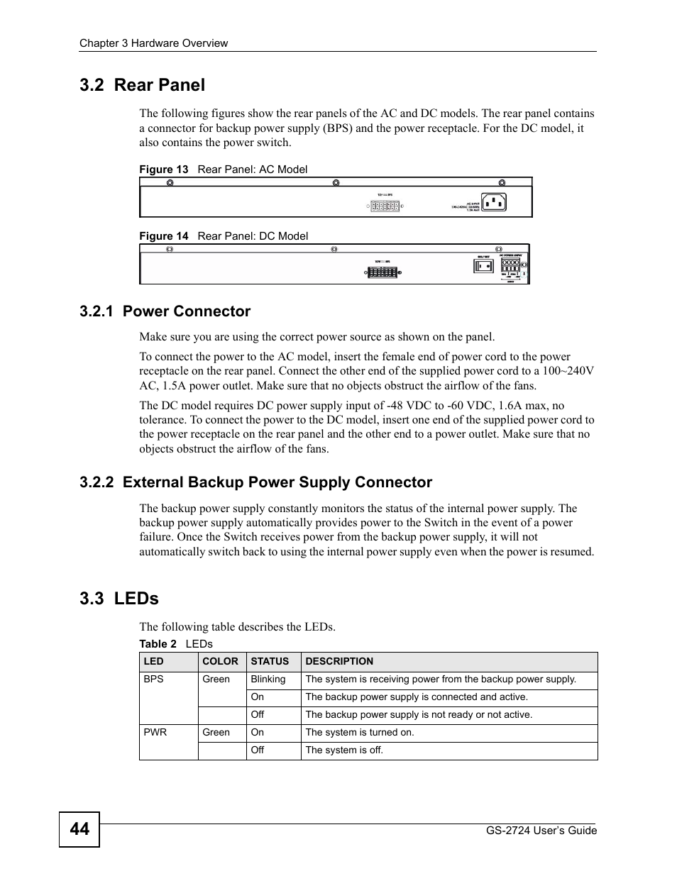 2 rear panel, 1 power connector, 2 external backup power supply connector | 3 leds, Table 2 leds, 44 3.2 rear panel | ZyXEL Communications GS-2724 User Manual | Page 44 / 348