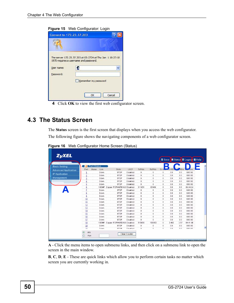 3 the status screen | ZyXEL Communications GS-2724 User Manual | Page 50 / 348