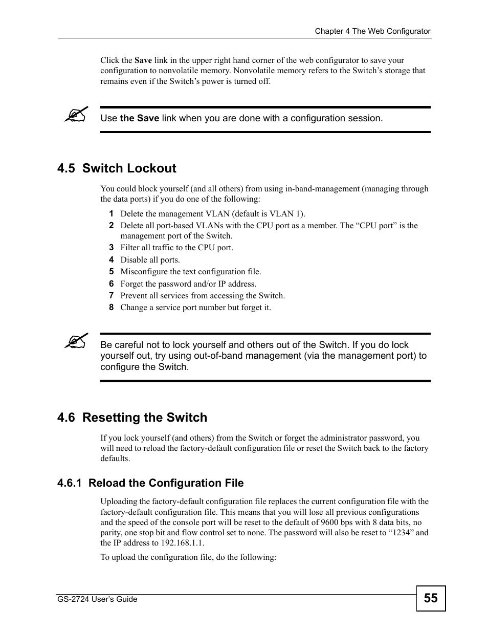 5 switch lockout, 6 resetting the switch, 1 reload the configuration file | 5 switch lockout 4.6 resetting the switch | ZyXEL Communications GS-2724 User Manual | Page 55 / 348