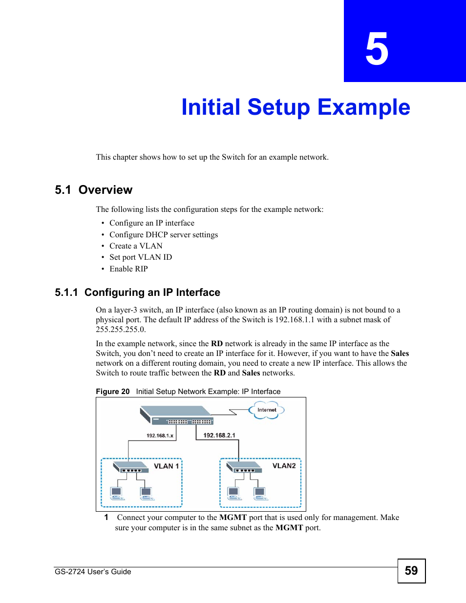 Initial setup example, 1 overview, 1 configuring an ip interface | Chapter 5 initial setup example, Initial setup example (59) | ZyXEL Communications GS-2724 User Manual | Page 59 / 348