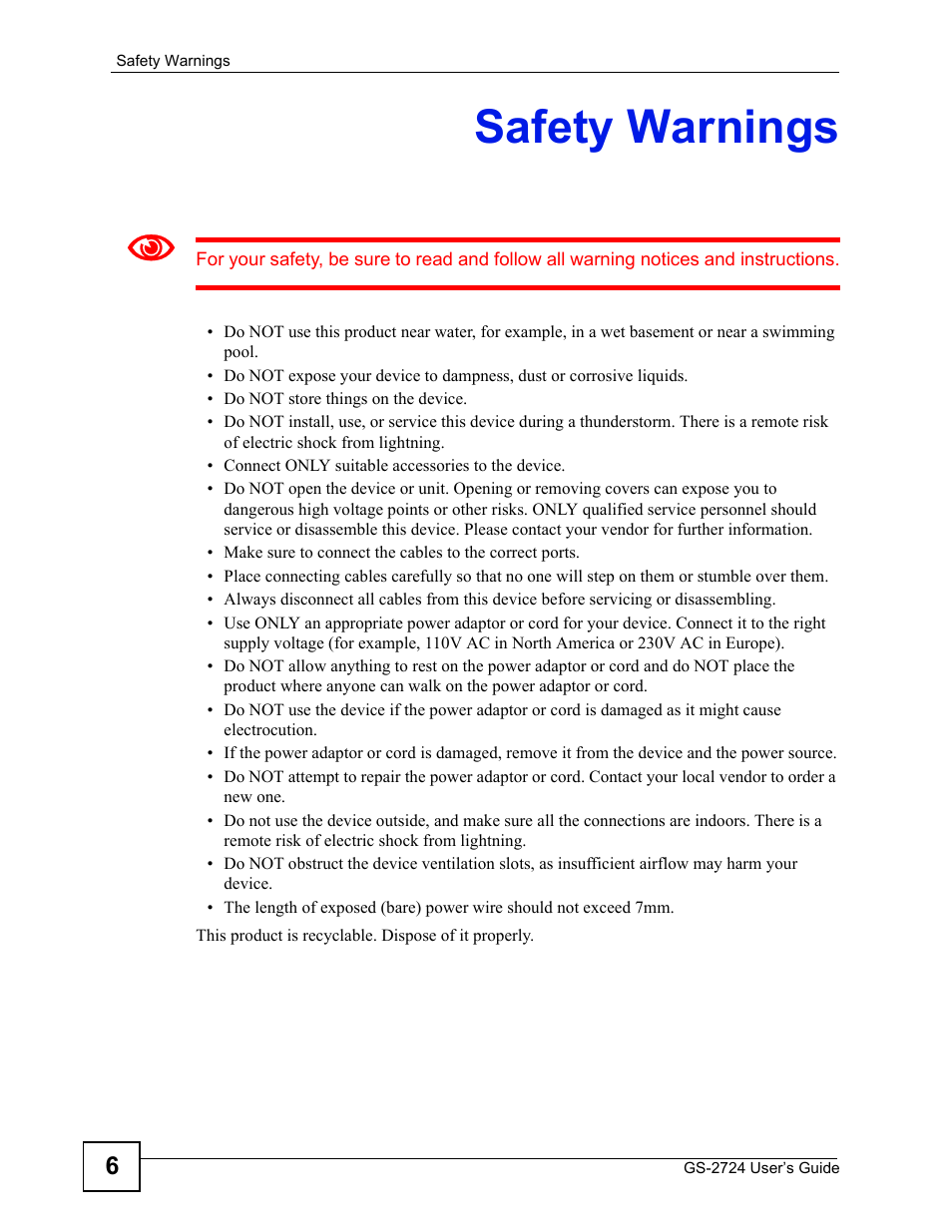 Safety warnings | ZyXEL Communications GS-2724 User Manual | Page 6 / 348