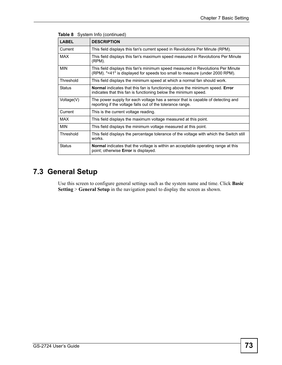 3 general setup, 73 7.3 general setup | ZyXEL Communications GS-2724 User Manual | Page 73 / 348