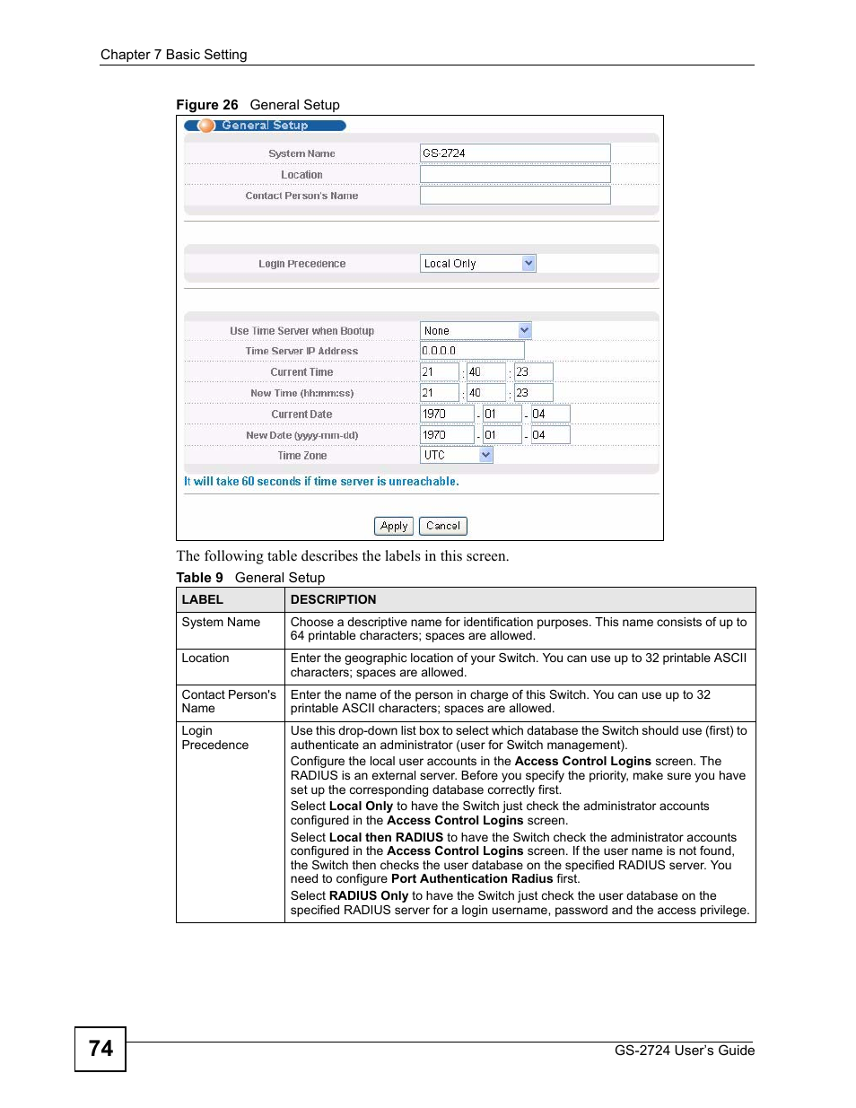 Figure 26 general setup, Table 9 general setup | ZyXEL Communications GS-2724 User Manual | Page 74 / 348