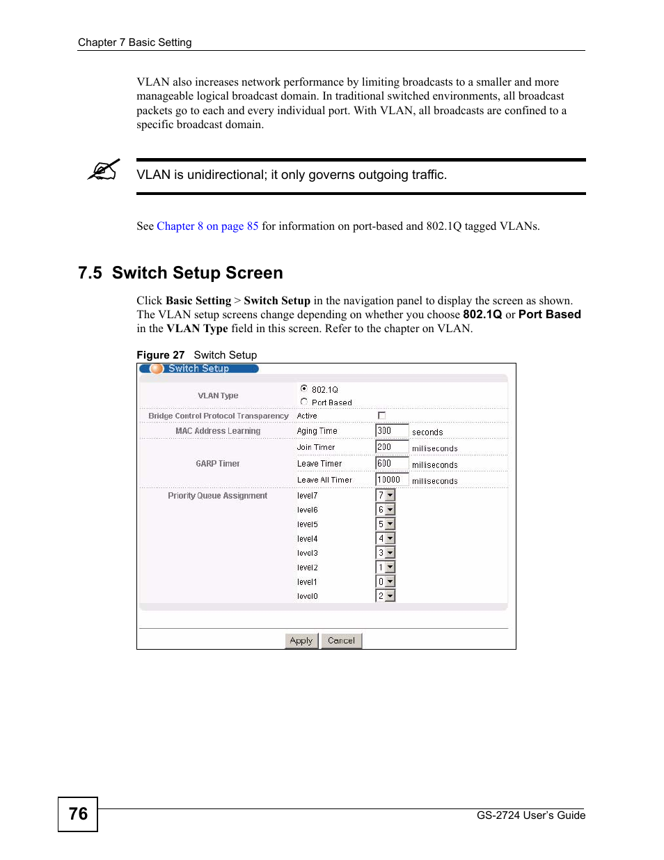 5 switch setup screen, Figure 27 switch setup | ZyXEL Communications GS-2724 User Manual | Page 76 / 348