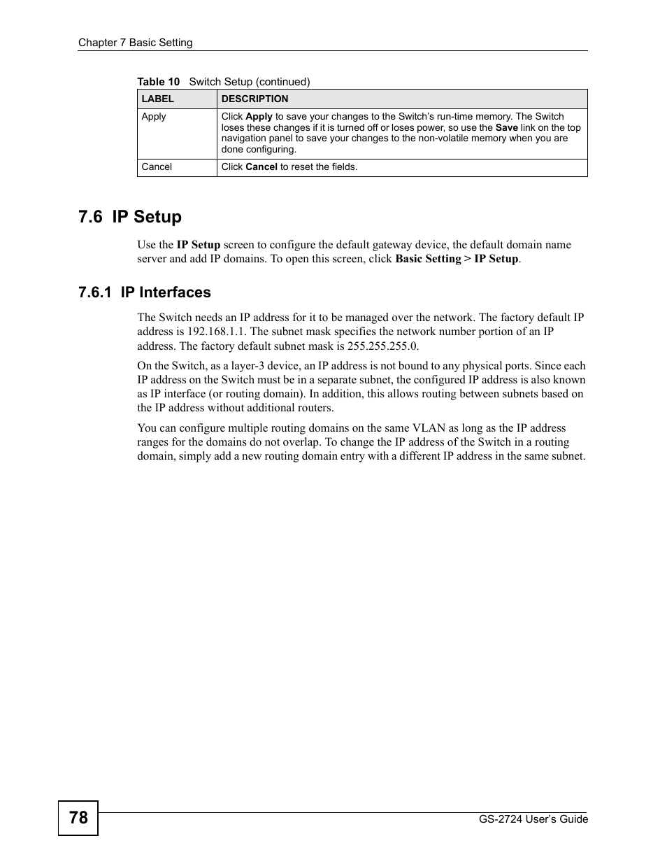 6 ip setup, 1 ip interfaces, 78 7.6 ip setup | ZyXEL Communications GS-2724 User Manual | Page 78 / 348