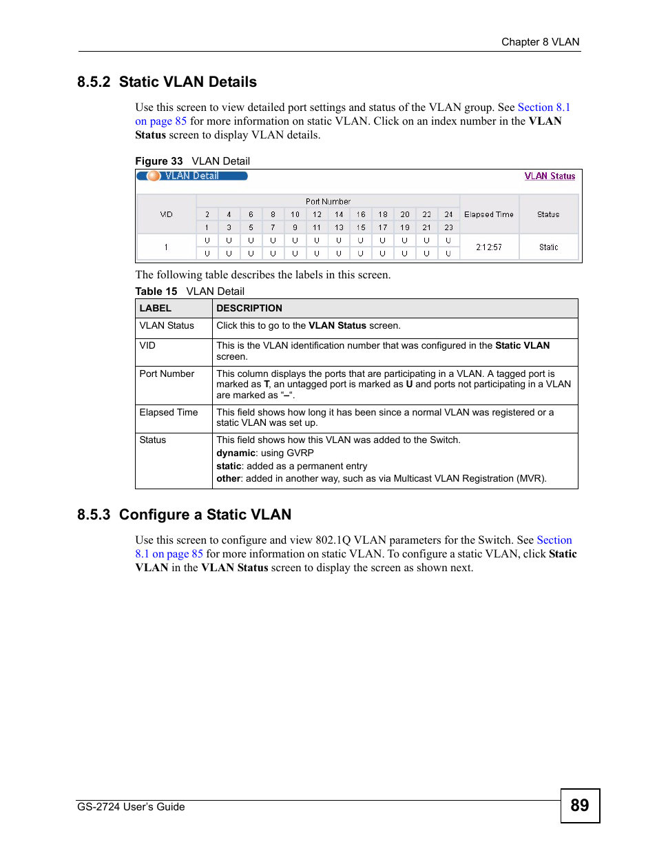 2 static vlan details, 3 configure a static vlan, Figure 33 vlan detail | Table 15 vlan detail | ZyXEL Communications GS-2724 User Manual | Page 89 / 348