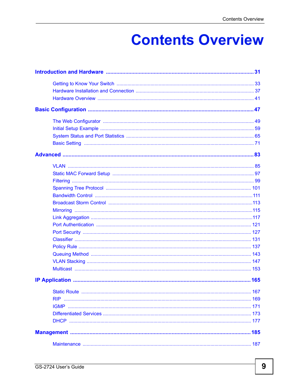 Contents overview | ZyXEL Communications GS-2724 User Manual | Page 9 / 348