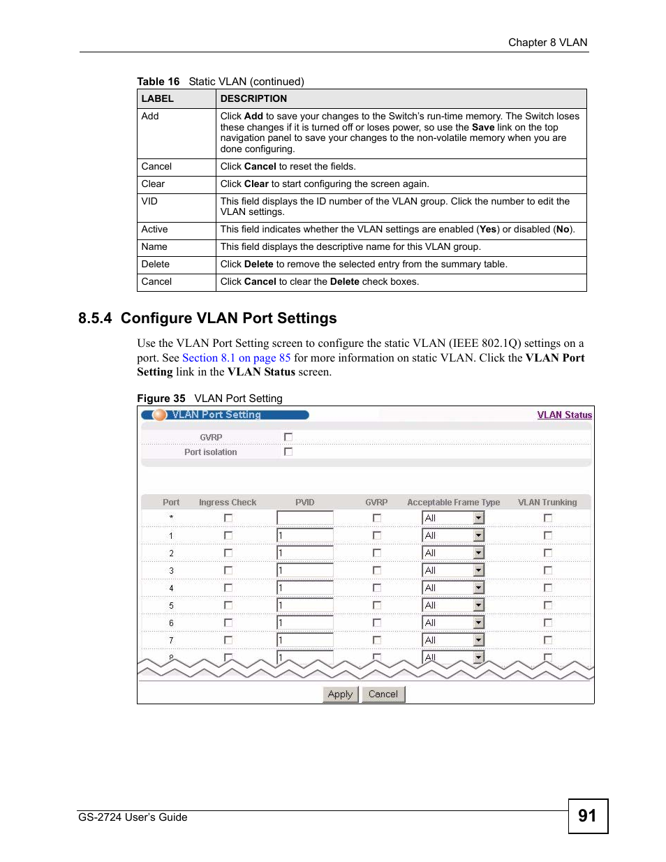 4 configure vlan port settings, Figure 35 vlan port setting | ZyXEL Communications GS-2724 User Manual | Page 91 / 348