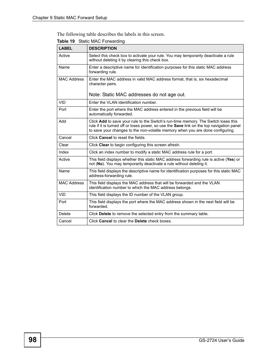 Table 19 static mac forwarding | ZyXEL Communications GS-2724 User Manual | Page 98 / 348