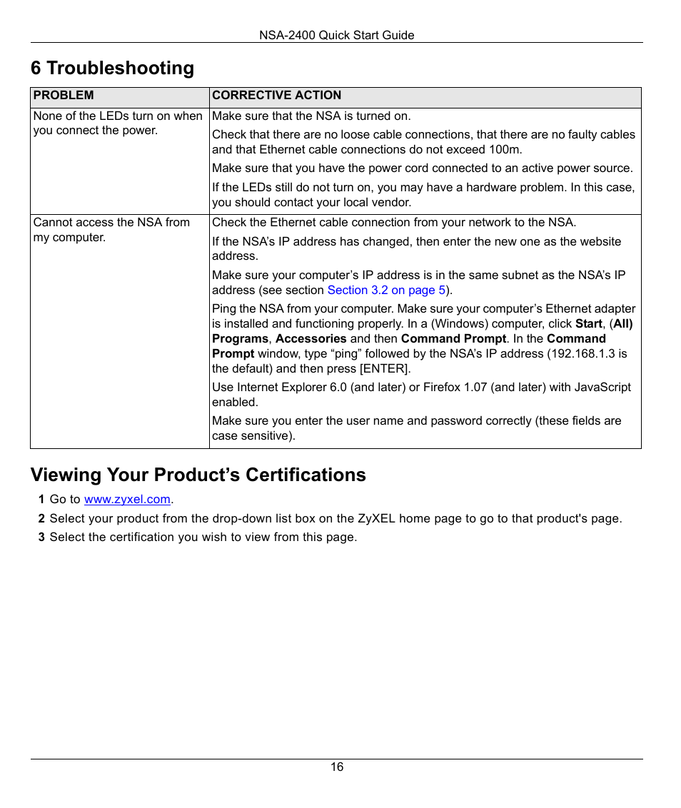 6 troubleshooting, Viewing your product’s certifications | ZyXEL Communications NSA-2400 User Manual | Page 16 / 16