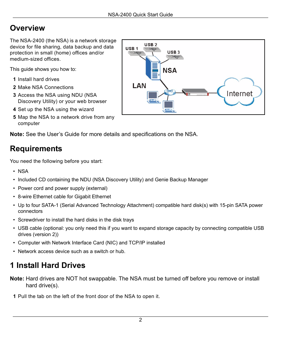 Overview, Requirements, 1 install hard drives | ZyXEL Communications NSA-2400 User Manual | Page 2 / 16