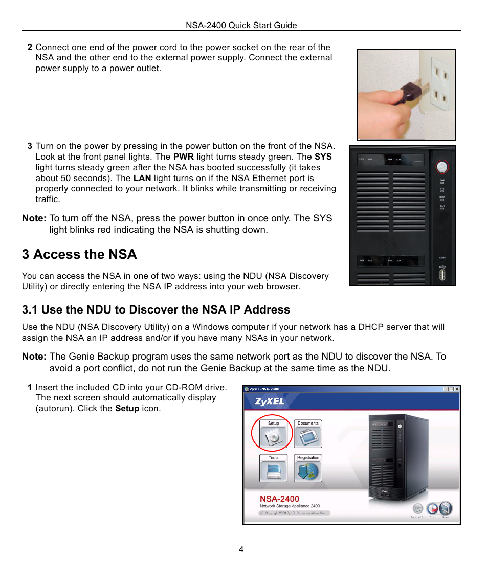 3 access the nsa, 1 use the ndu to discover the nsa ip address | ZyXEL Communications NSA-2400 User Manual | Page 4 / 16