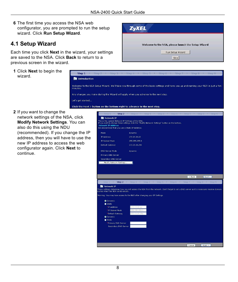 1 setup wizard | ZyXEL Communications NSA-2400 User Manual | Page 8 / 16