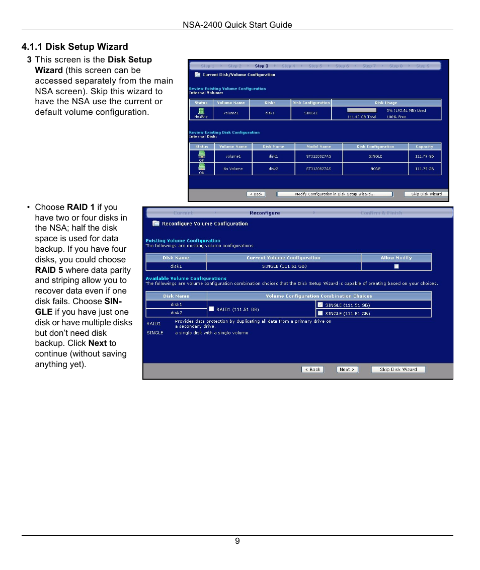 1 disk setup wizard | ZyXEL Communications NSA-2400 User Manual | Page 9 / 16