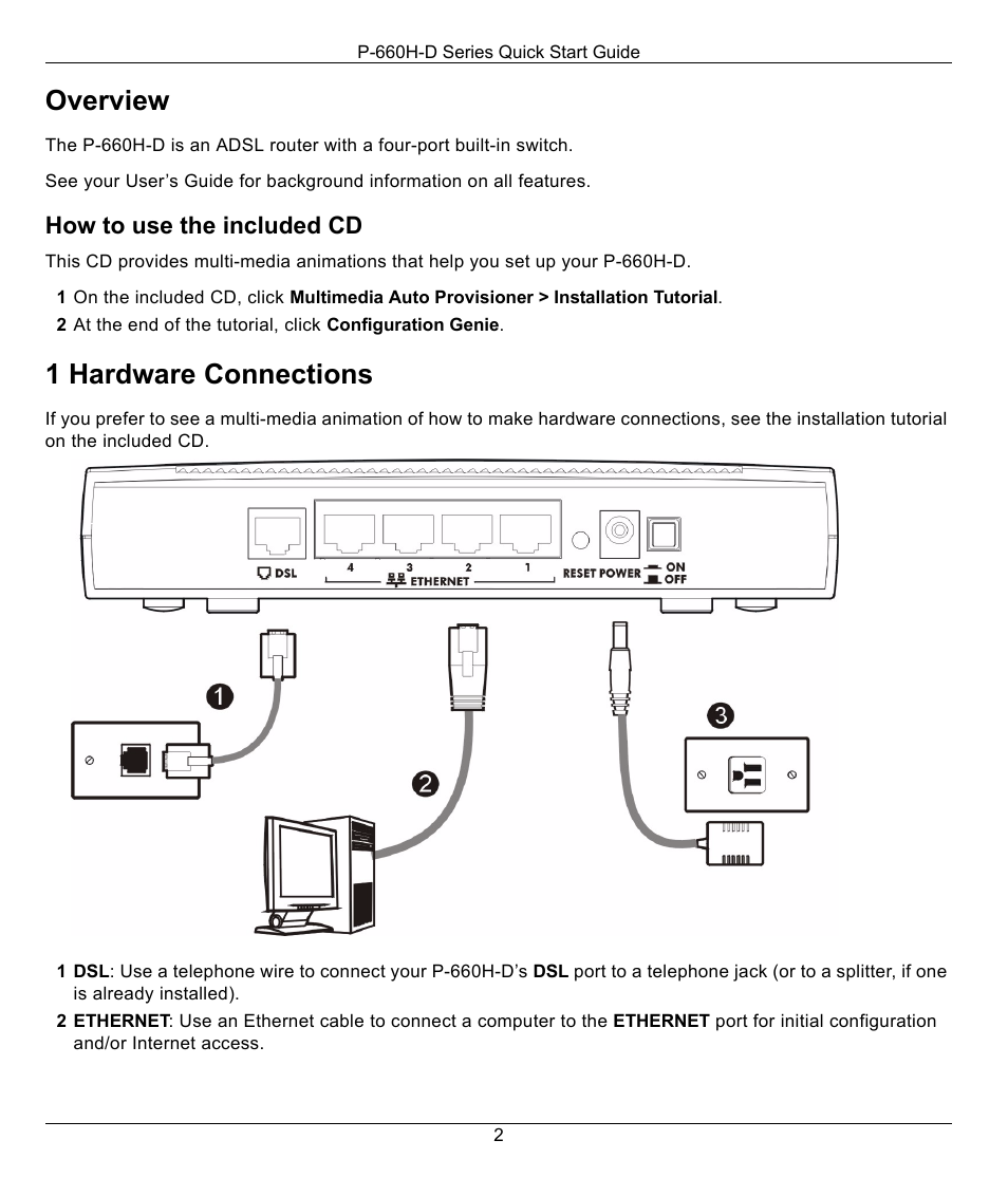 1 hardware connections, Overview | ZyXEL Communications ADSL2+ 4-port Gateway P-660H-D1 User Manual | Page 2 / 6