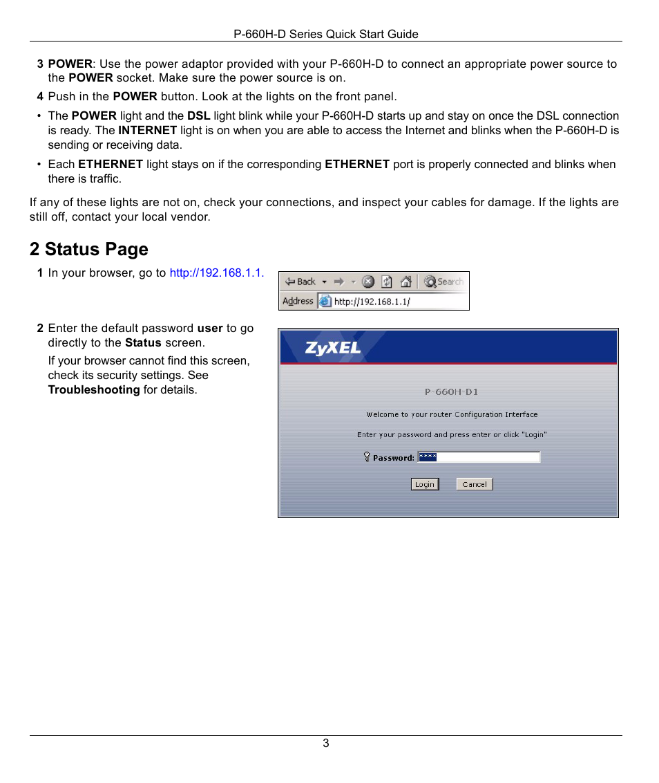 2 status page | ZyXEL Communications ADSL2+ 4-port Gateway P-660H-D1 User Manual | Page 3 / 6