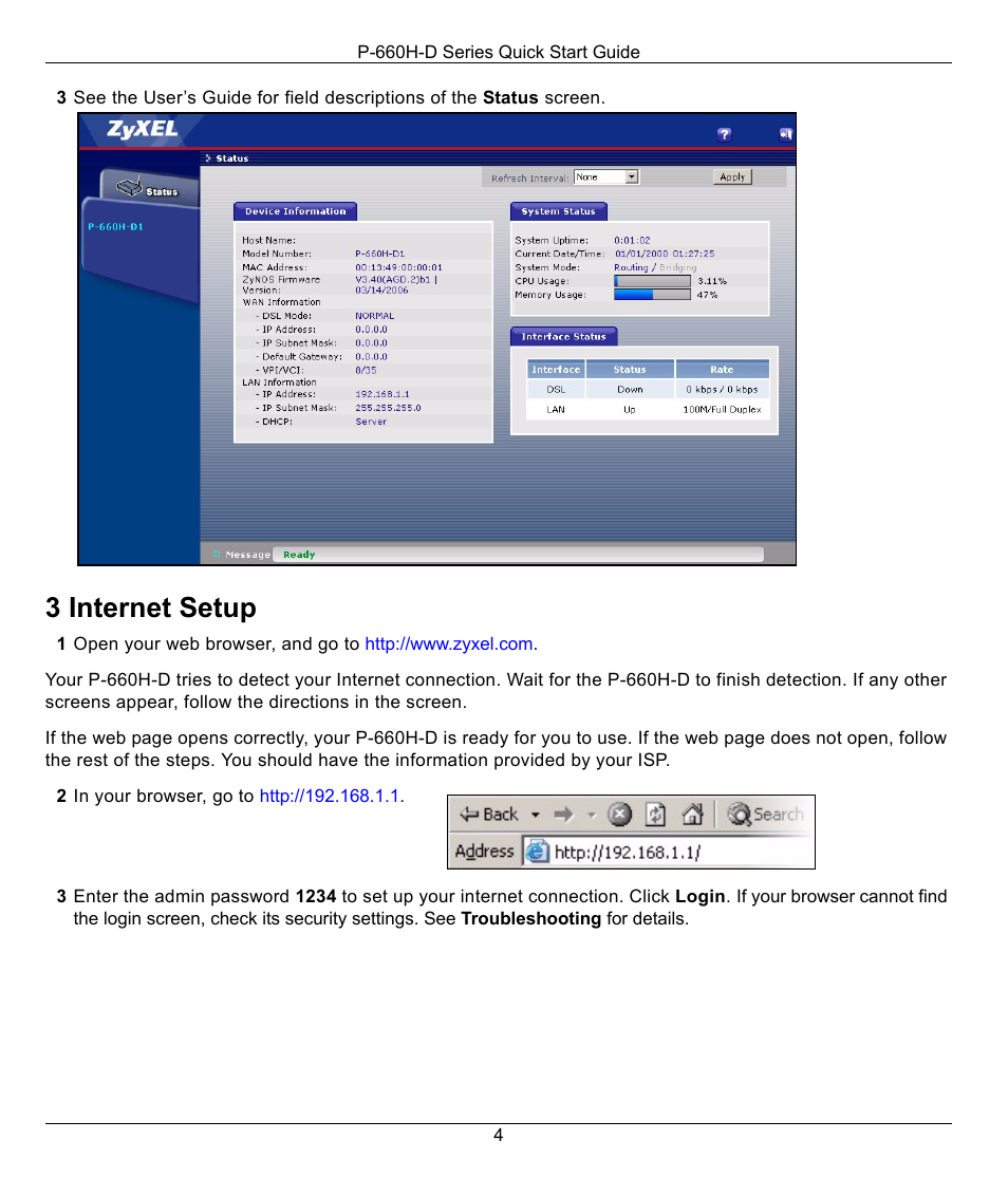 3 internet setup | ZyXEL Communications ADSL2+ 4-port Gateway P-660H-D1 User Manual | Page 4 / 6