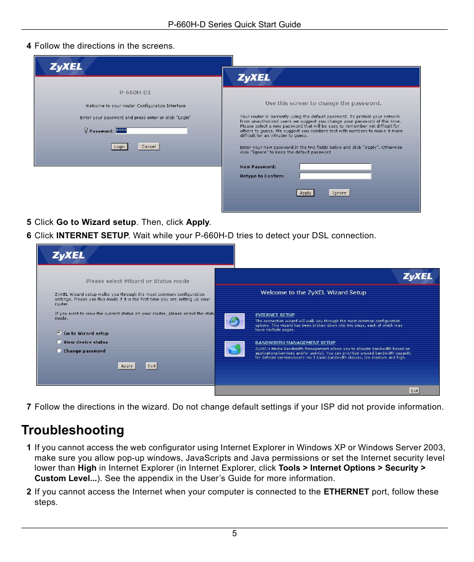 Troubleshooting | ZyXEL Communications ADSL2+ 4-port Gateway P-660H-D1 User Manual | Page 5 / 6