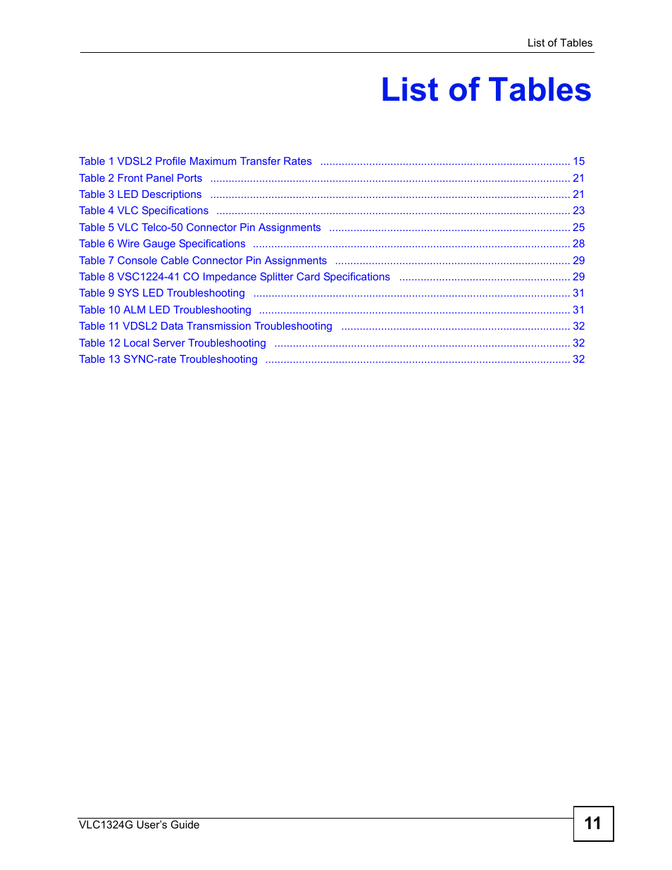 List of tables | ZyXEL Communications VDSL2 Line Card VLC1324G User Manual | Page 11 / 52
