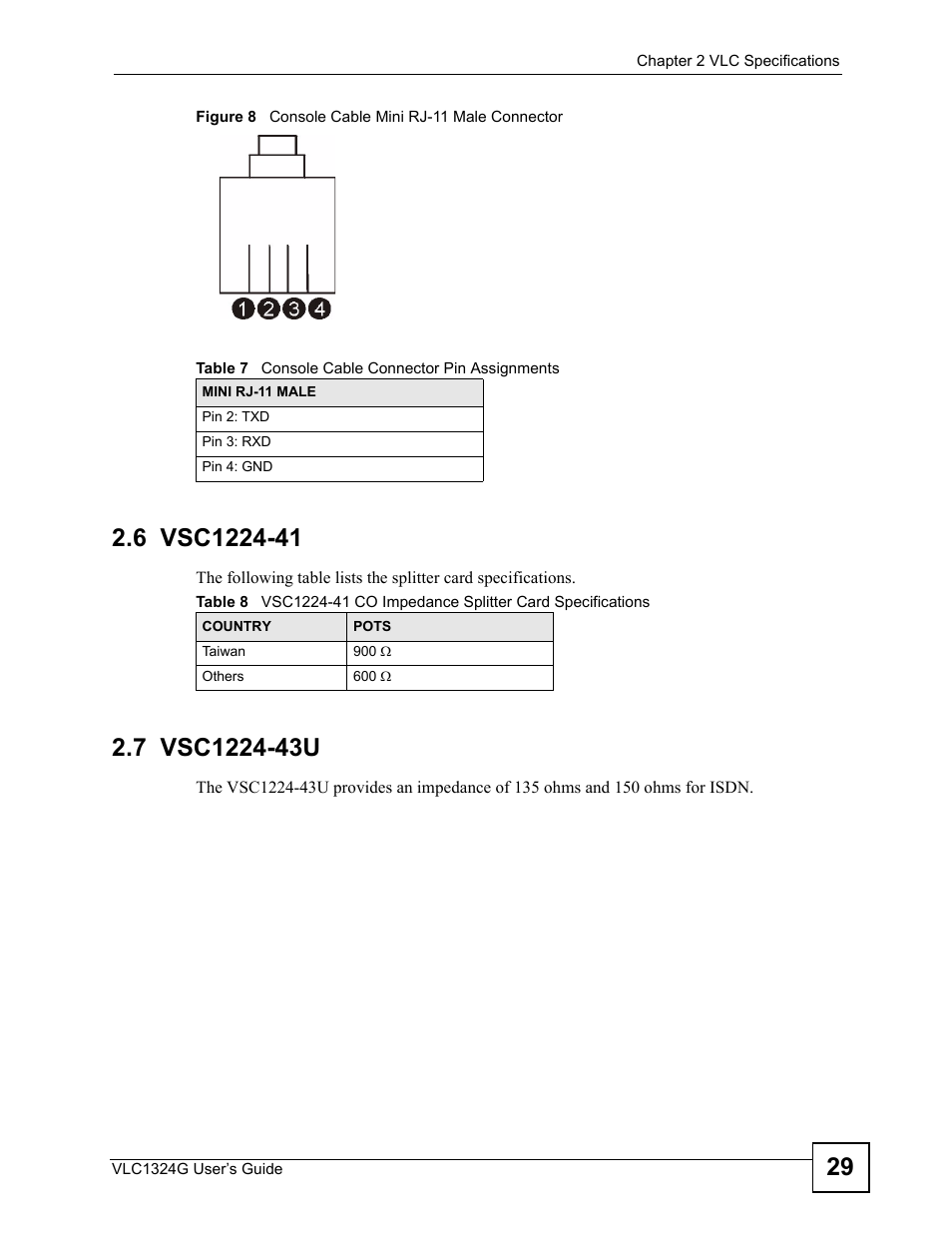 6 vsc1224-41, 7 vsc1224-43u, 6 vsc1224-41 2.7 vsc1224-43u | Figure 8 console cable mini rj-11 male connector | ZyXEL Communications VDSL2 Line Card VLC1324G User Manual | Page 29 / 52