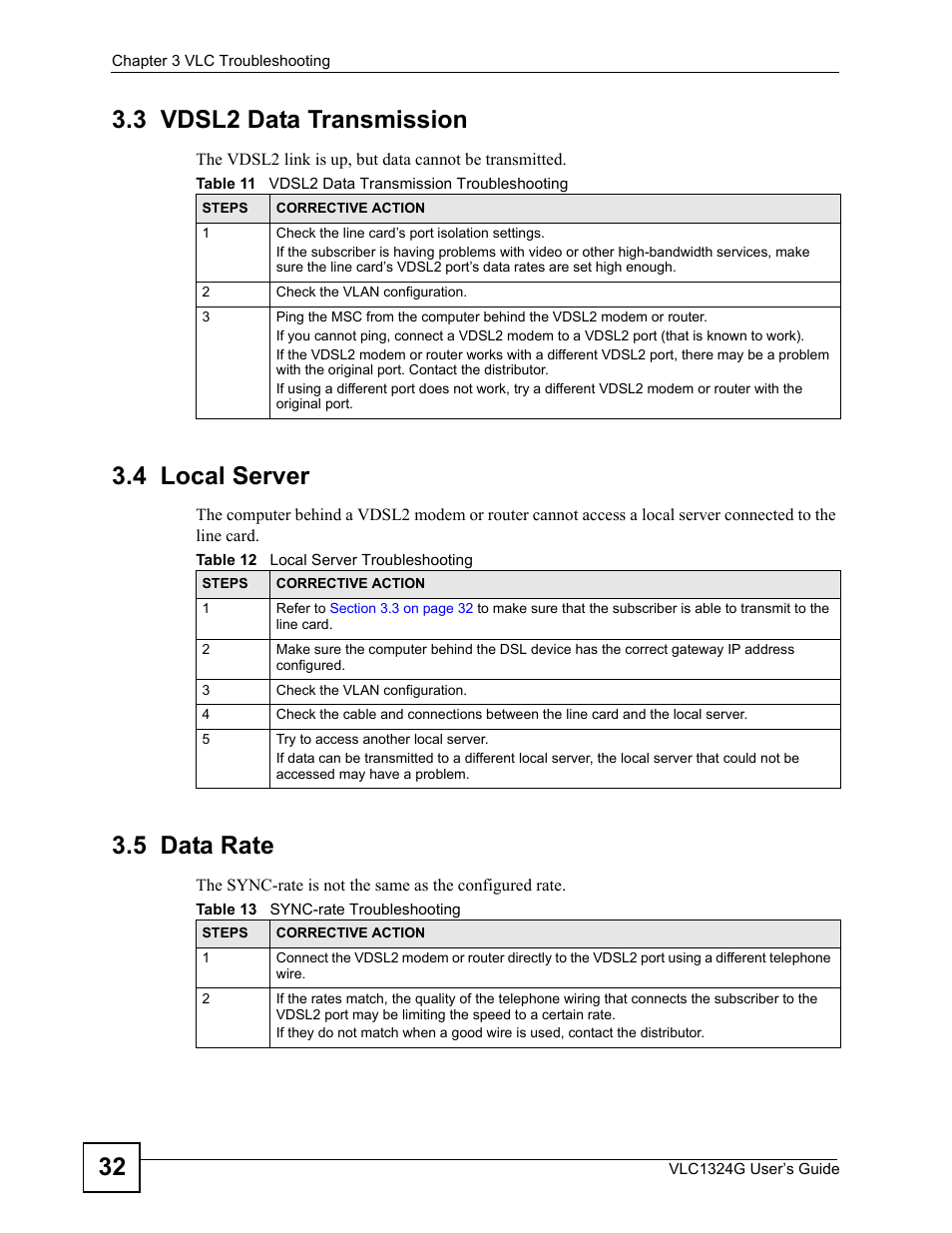 3 vdsl2 data transmission, 4 local server, 5 data rate | ZyXEL Communications VDSL2 Line Card VLC1324G User Manual | Page 32 / 52