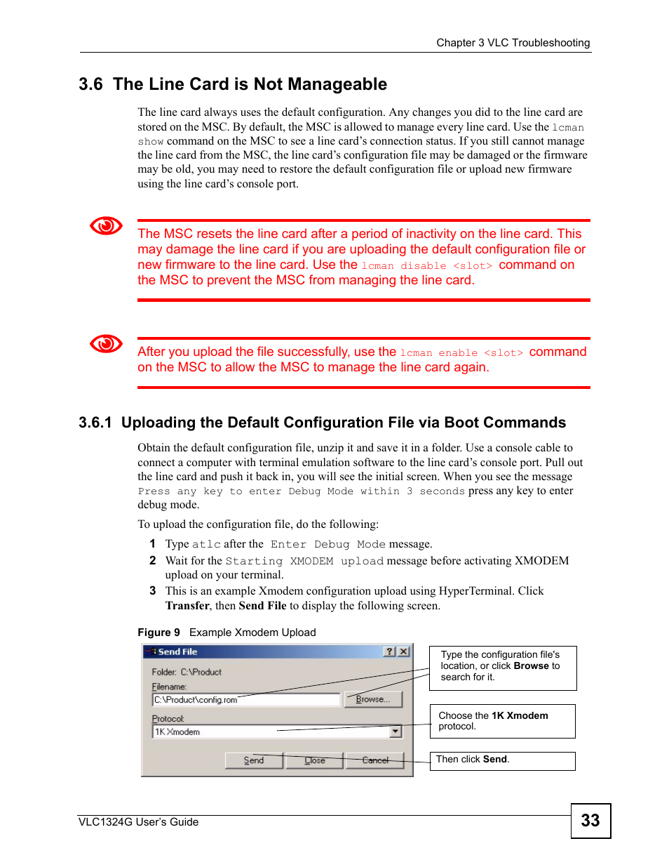 6 the line card is not manageable, Figure 9 example xmodem upload, 33 3.6 the line card is not manageable | ZyXEL Communications VDSL2 Line Card VLC1324G User Manual | Page 33 / 52