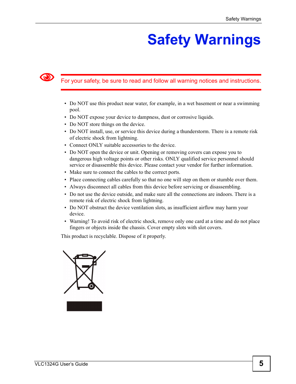 Safety warnings | ZyXEL Communications VDSL2 Line Card VLC1324G User Manual | Page 5 / 52