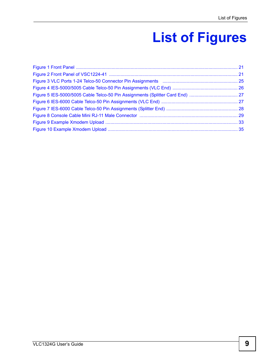 List of figures | ZyXEL Communications VDSL2 Line Card VLC1324G User Manual | Page 9 / 52