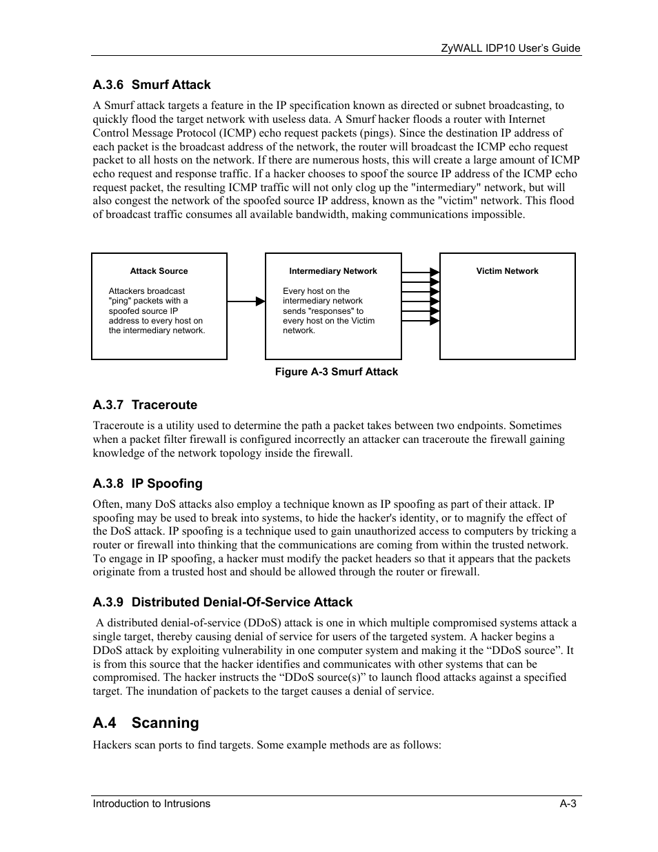 Smurf attack, Traceroute, Ip spoofing | Distributed denial-of-service attack, Scanning, A.4 scanning | ZyXEL Communications ZyXEL ZyWALL IDP 10 User Manual | Page 103 / 111