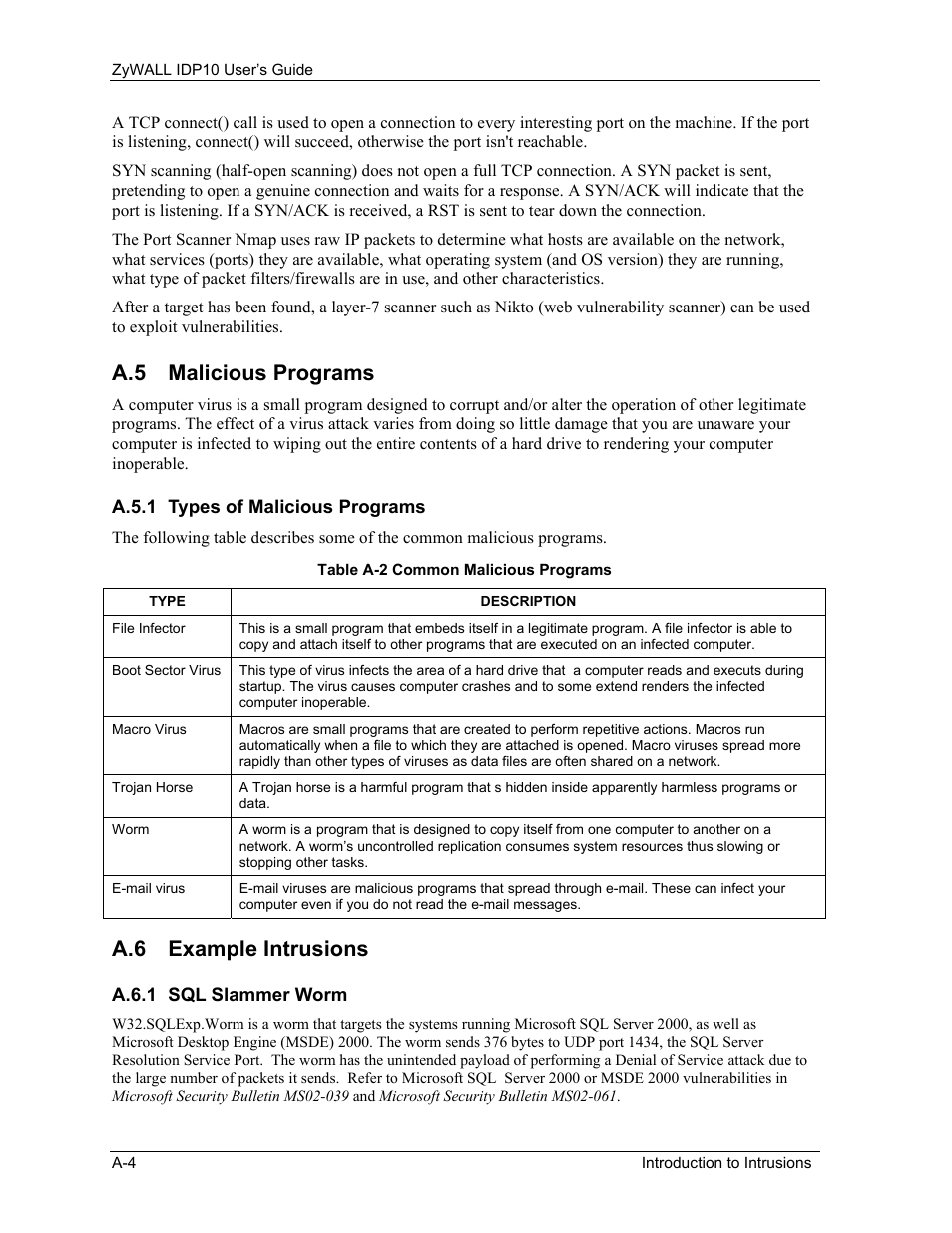 Malicious programs, Types of malicious programs, Example intrusions | Sql slammer worm, A.5 malicious programs, A.6 example intrusions | ZyXEL Communications ZyXEL ZyWALL IDP 10 User Manual | Page 104 / 111