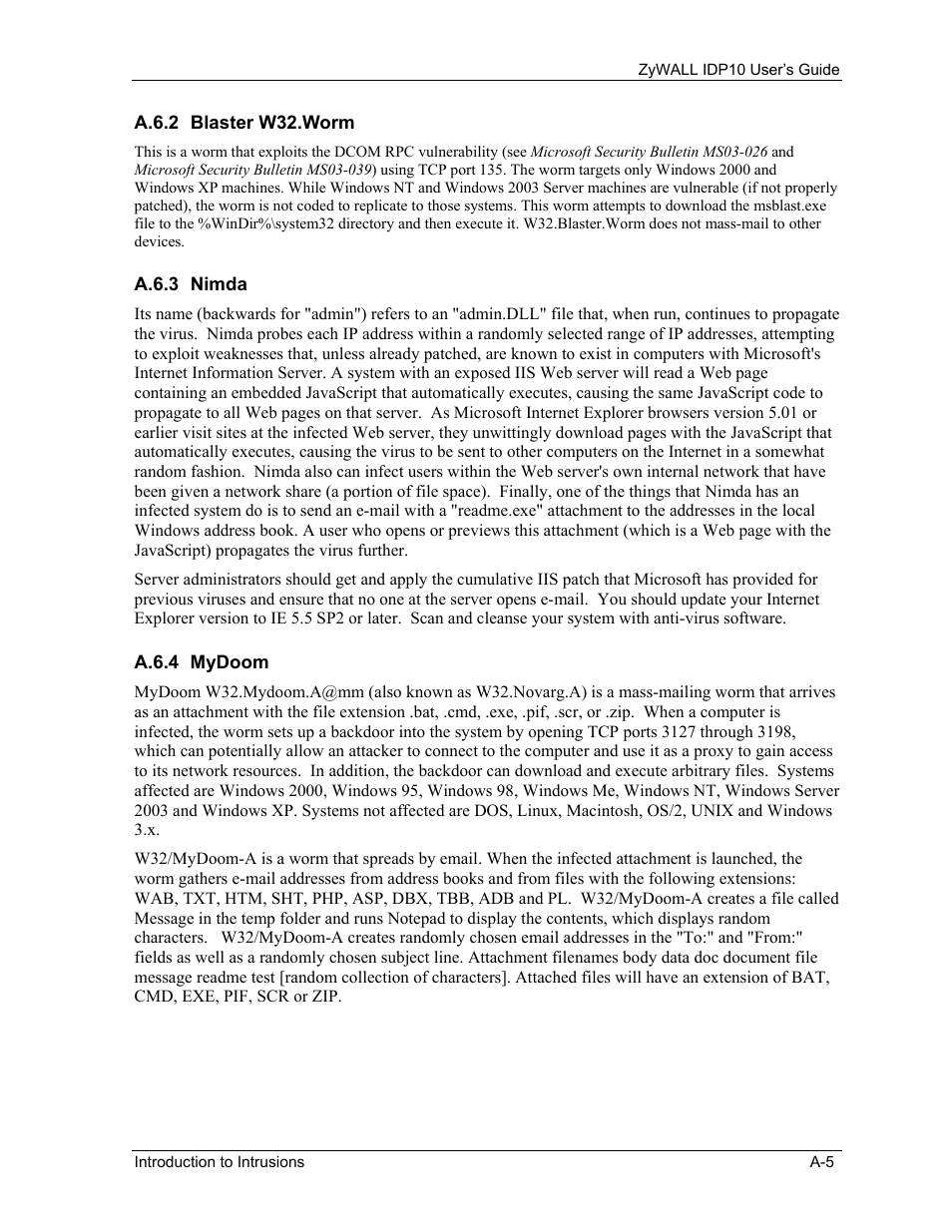 Blaster w32.worm, Nimda, Mydoom | ZyXEL Communications ZyXEL ZyWALL IDP 10 User Manual | Page 105 / 111