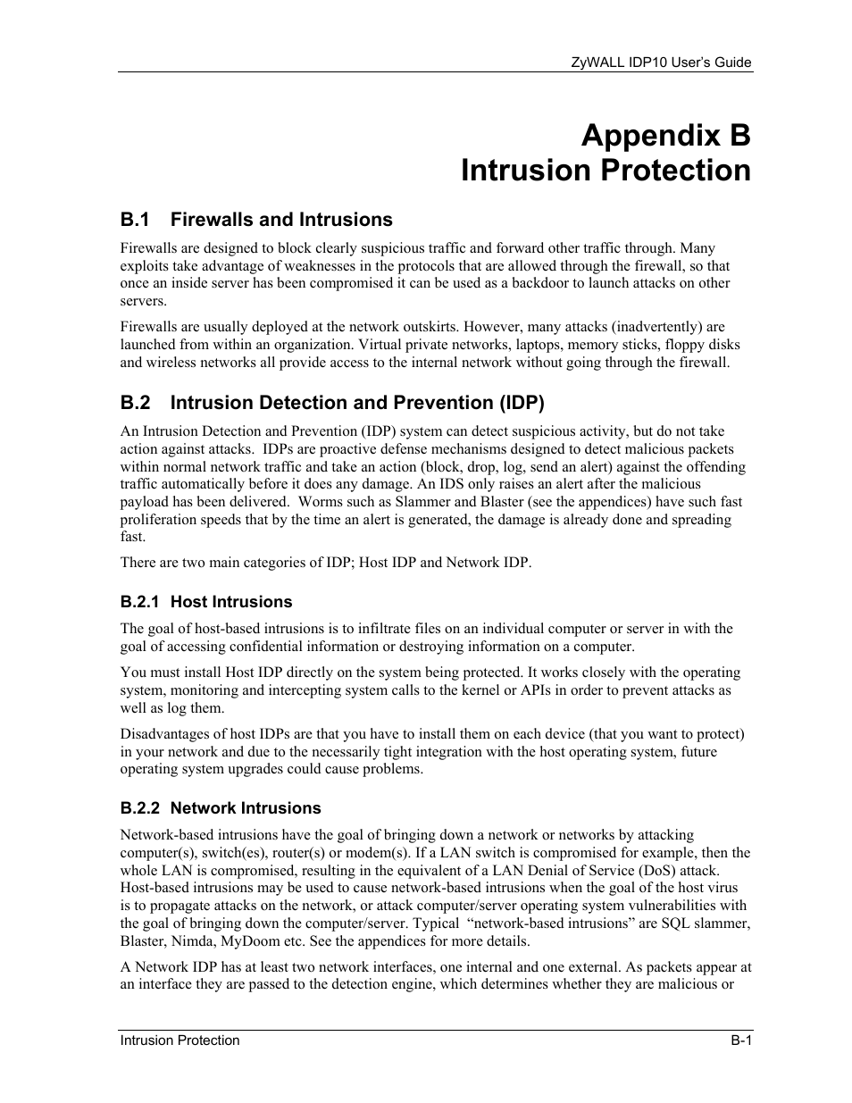 Intrusion protection, Firewalls and intrusions, Intrusion detection and prevention (idp) | Host intrusions, Network intrusions, Appendix b intrusion protection | ZyXEL Communications ZyXEL ZyWALL IDP 10 User Manual | Page 107 / 111
