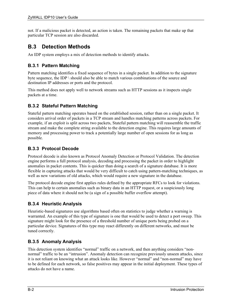 Detection methods, Pattern matching, Stateful pattern matching | Protocol decode, Heuristic analysis, Anomaly analysis, B.3 detection methods | ZyXEL Communications ZyXEL ZyWALL IDP 10 User Manual | Page 108 / 111