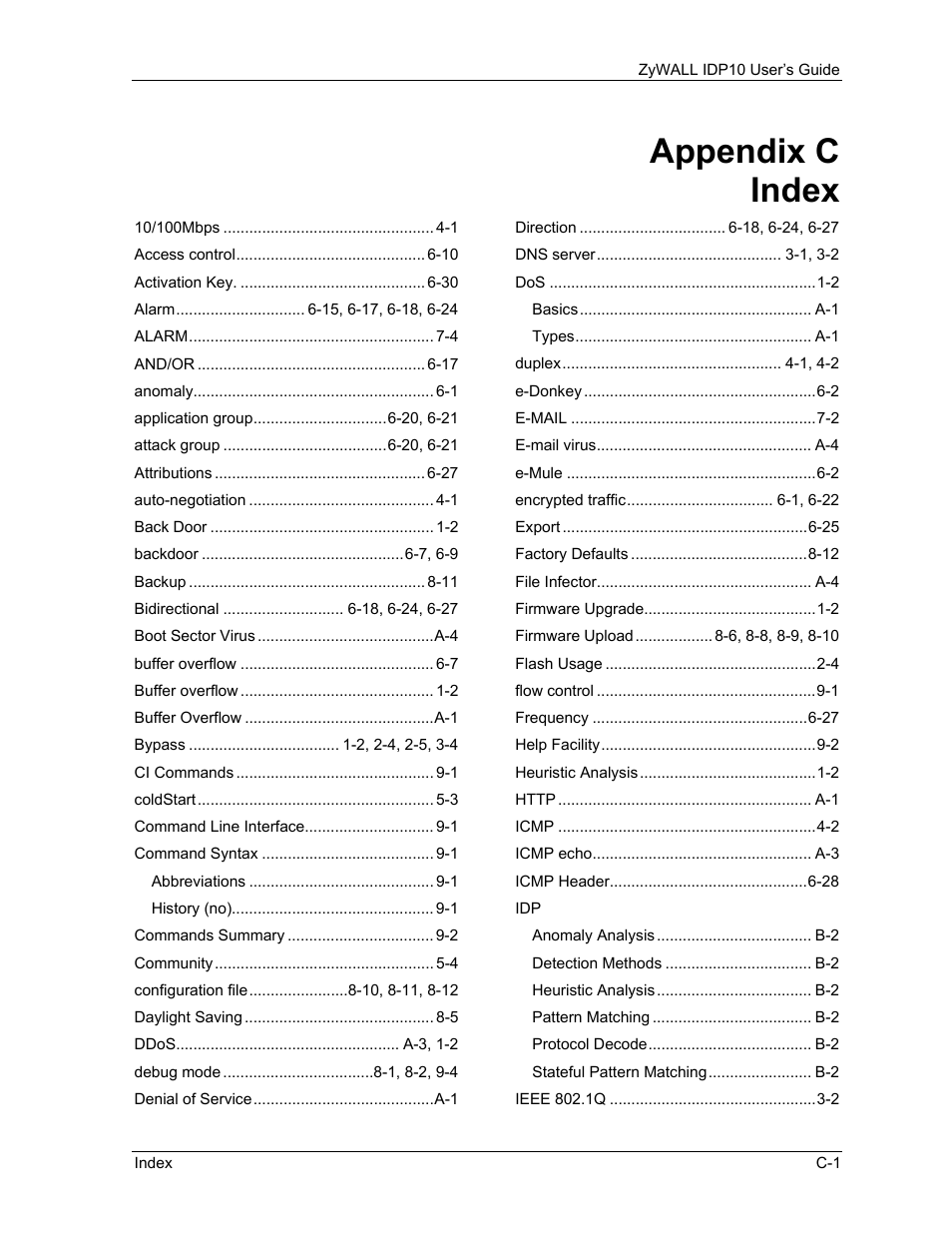 Index, Appendix c index | ZyXEL Communications ZyXEL ZyWALL IDP 10 User Manual | Page 109 / 111