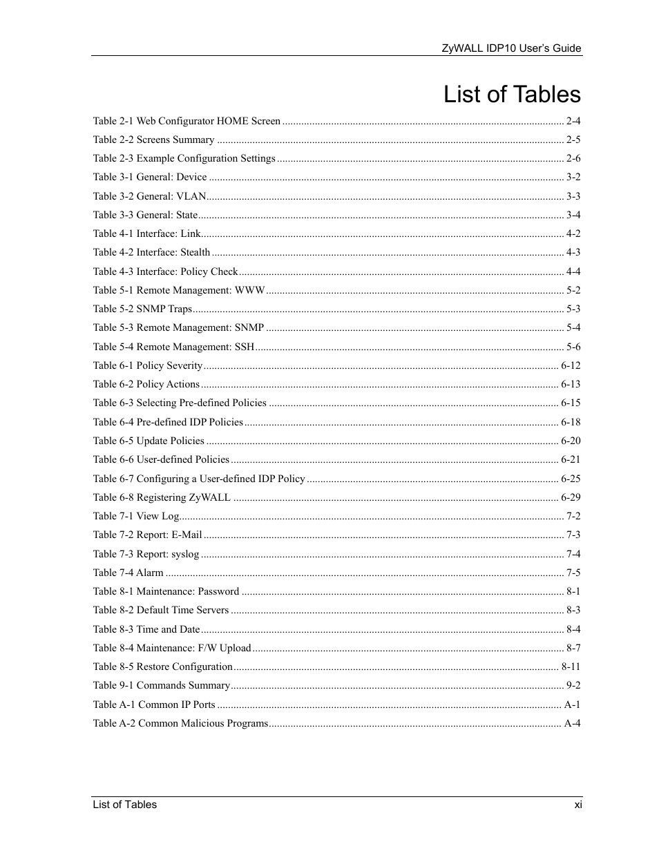 List of tables | ZyXEL Communications ZyXEL ZyWALL IDP 10 User Manual | Page 11 / 111