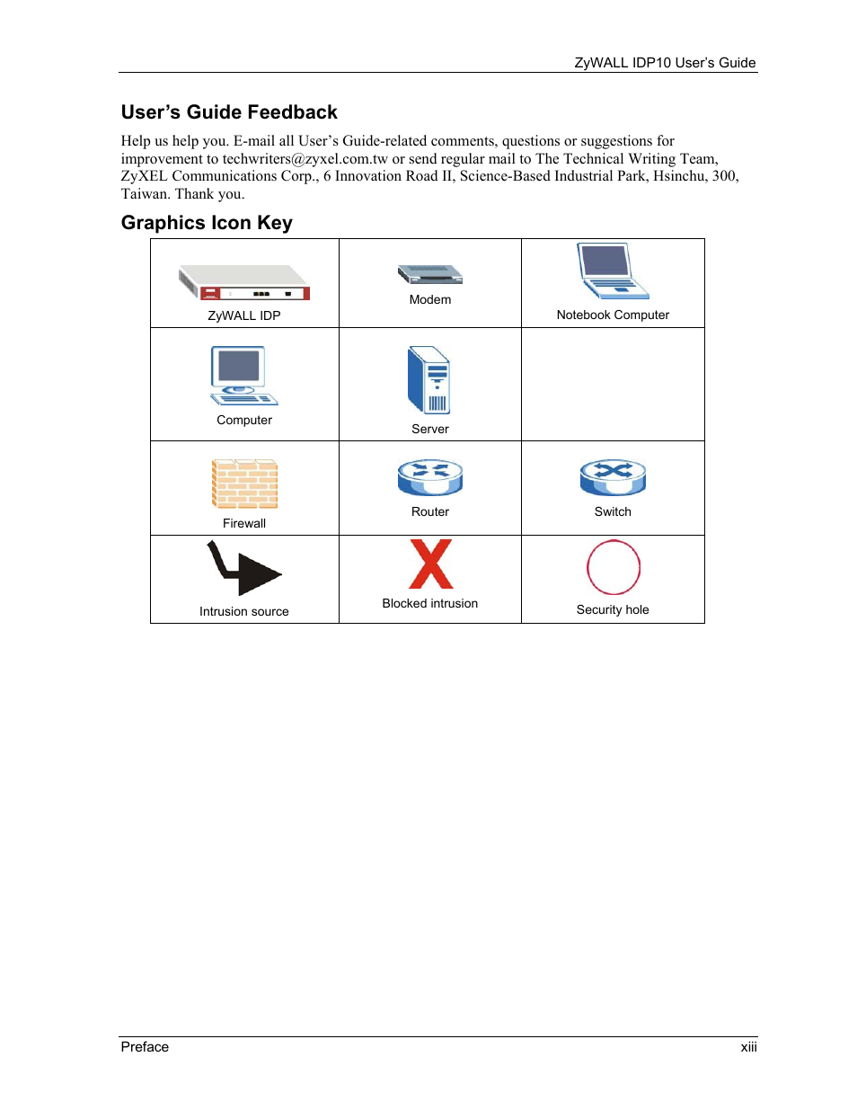 User’s guide feedback, Graphics icon key | ZyXEL Communications ZyXEL ZyWALL IDP 10 User Manual | Page 13 / 111