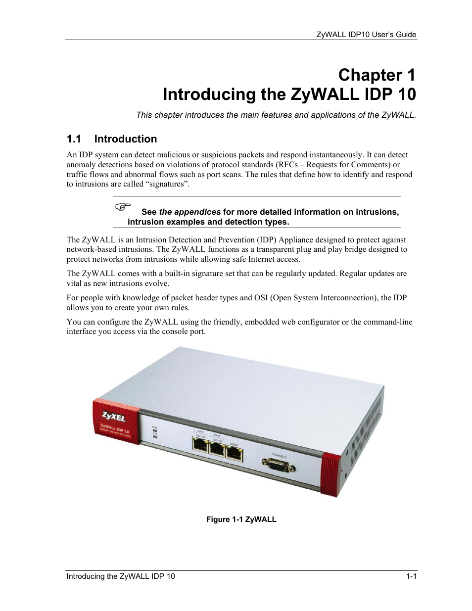 Introducing the zywall idp 10, Introduction, Chapter 1 introducing the zywall idp 10 | ZyXEL Communications ZyXEL ZyWALL IDP 10 User Manual | Page 15 / 111