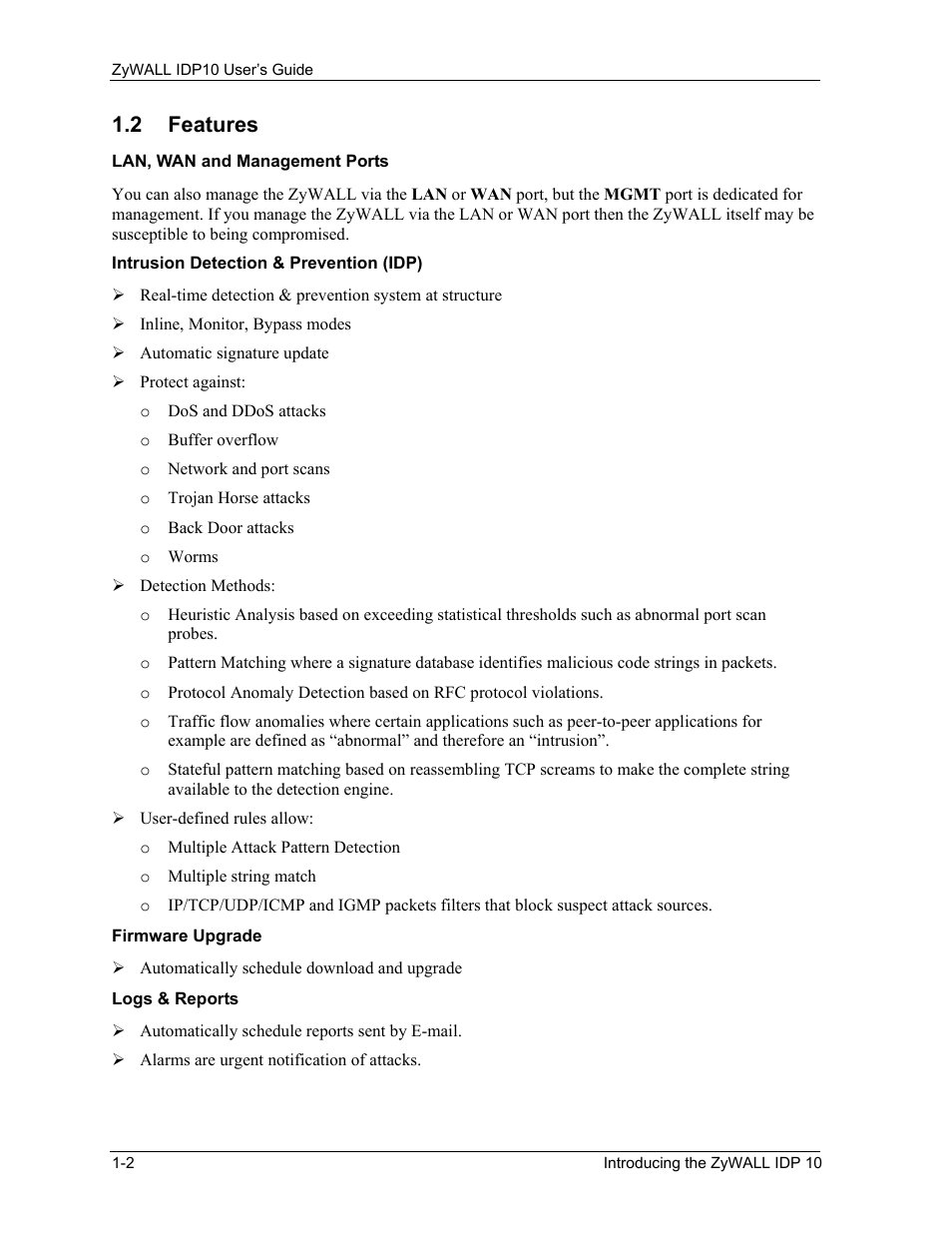 Features, 2 features | ZyXEL Communications ZyXEL ZyWALL IDP 10 User Manual | Page 16 / 111